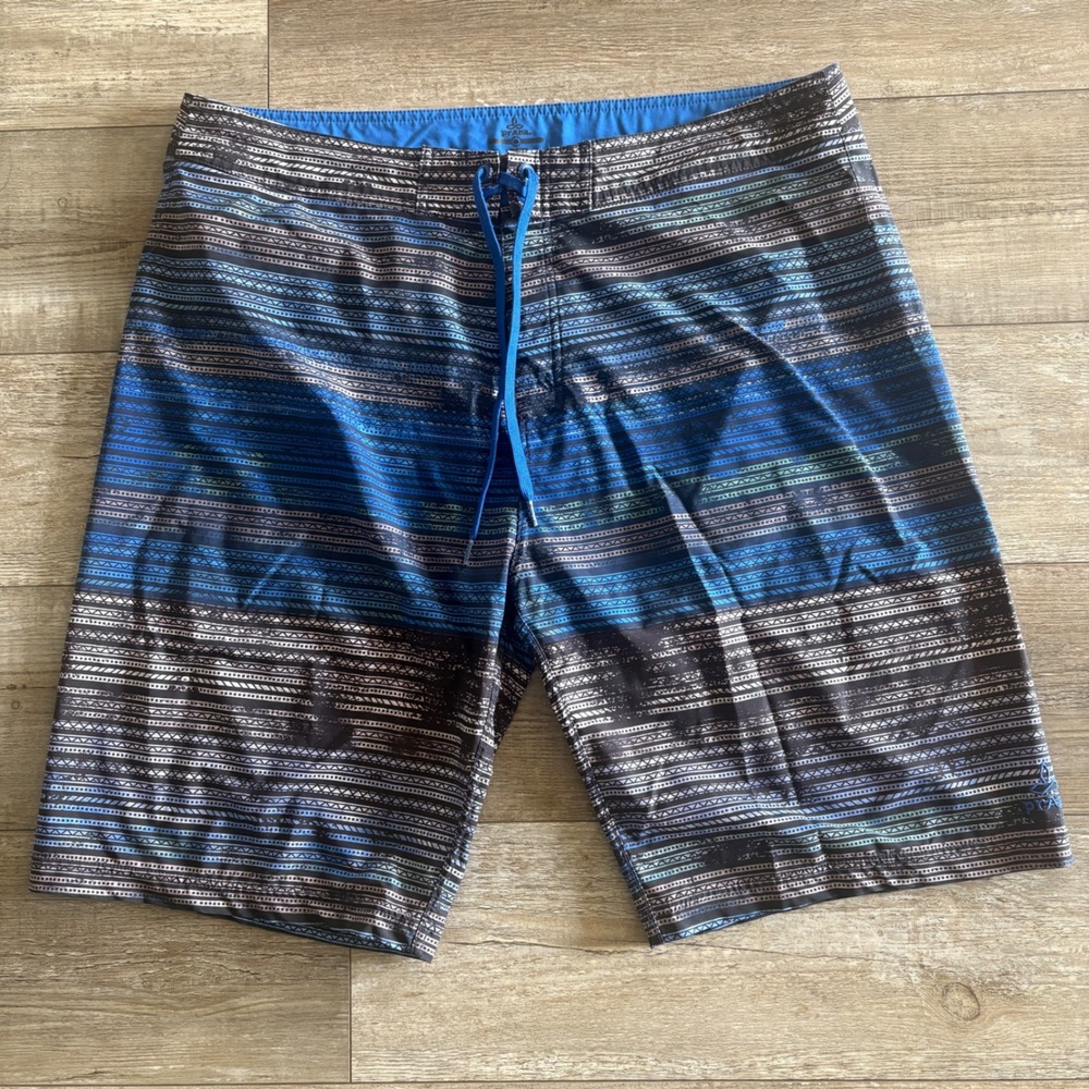 Prana Board Shorts Mens 38 Blue Geometric Striped Drawstring Swim‎ Trunks